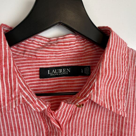 Lauren Ralph Lauren Womens 100% Linen Tie Front Button Up Shirt Red Stripe - L - Picture 4 of 8